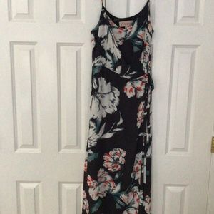 Philosophy maxi wrap dress. Black with orange and cream flowers.